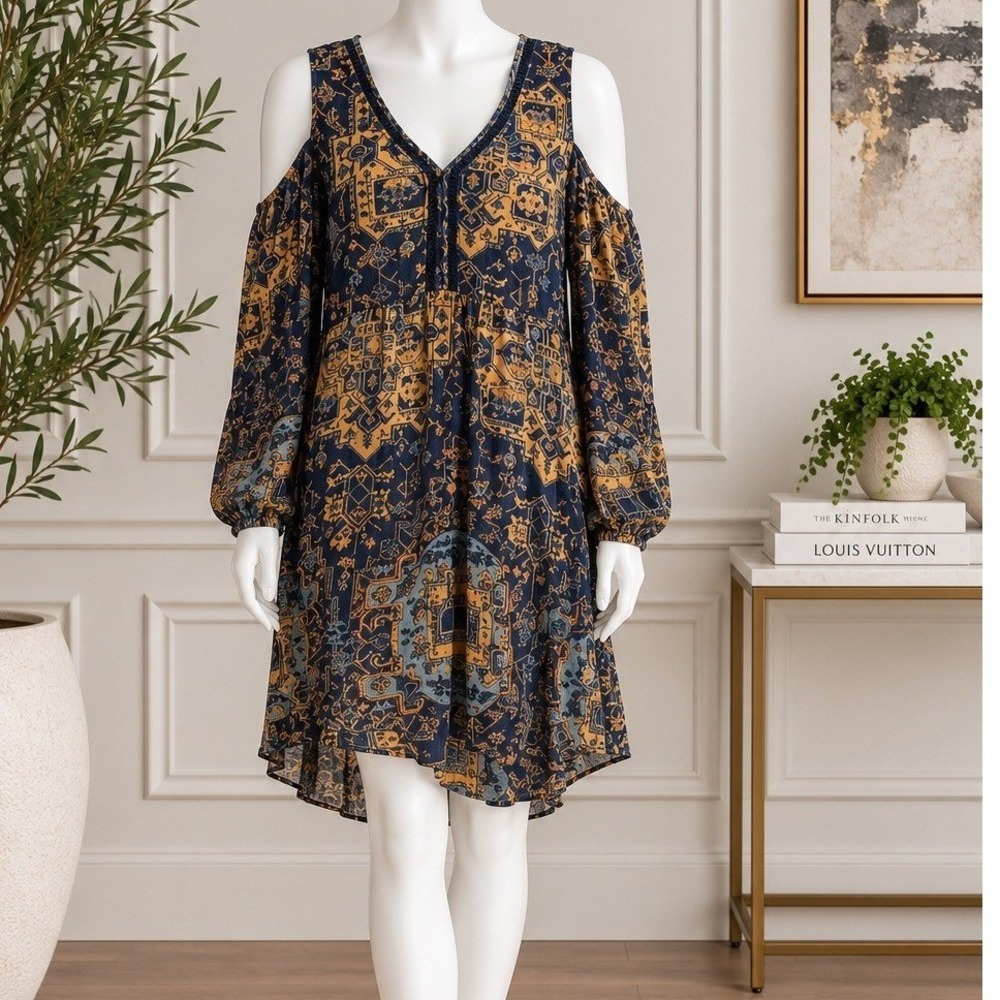 Wild Pearl Womens Cold Shoulder Dress Geometric Navy Blue Orange Small